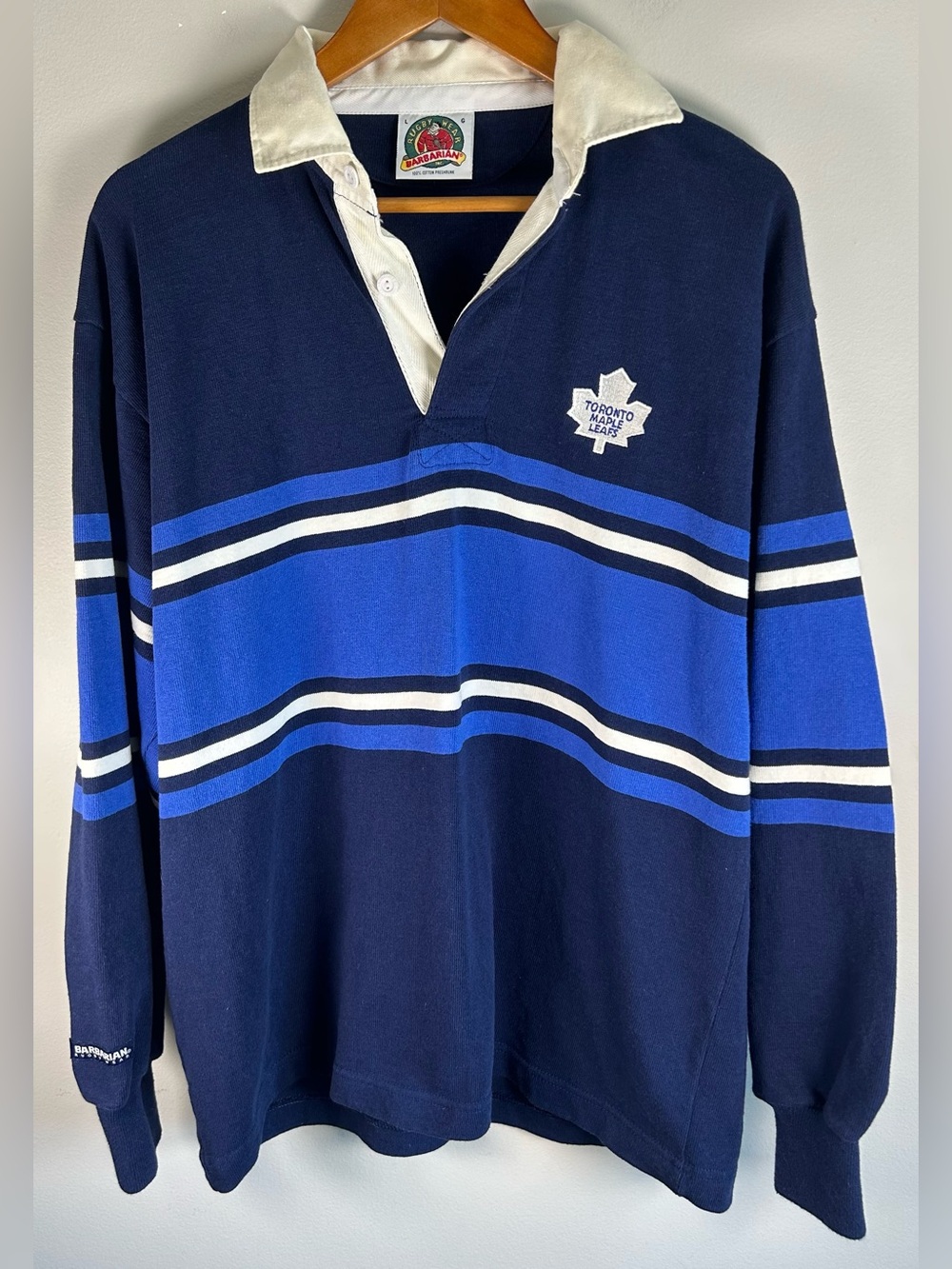 VTG Barbarian Rugby Mens Polo Shirt L Navy Blue Stripes Toronto Maple Leafs NHL